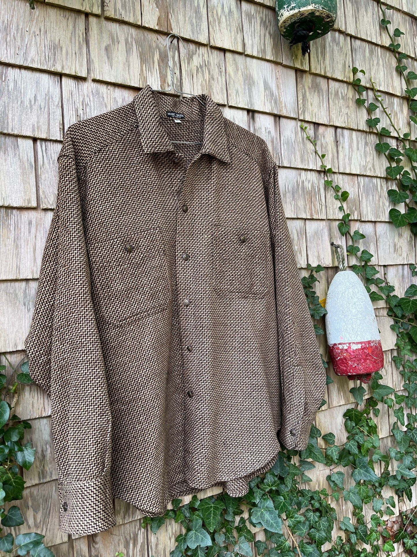 80s Marc Baxis Los Angeles Heavyweight Herringbone Wool Blend Button Front Shirt (XL)