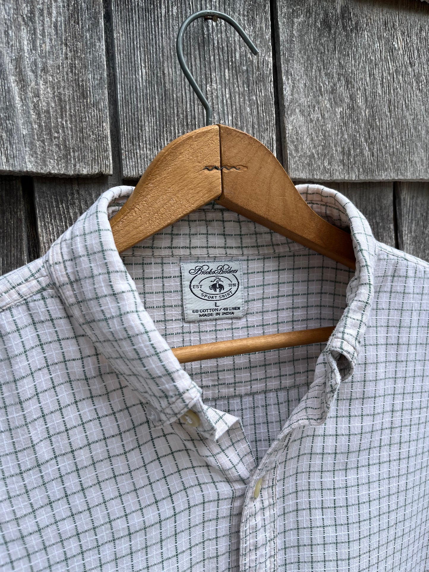 90s Brooks Brothers Linen Blend Check Pattern Sport Shirt (L/XL)