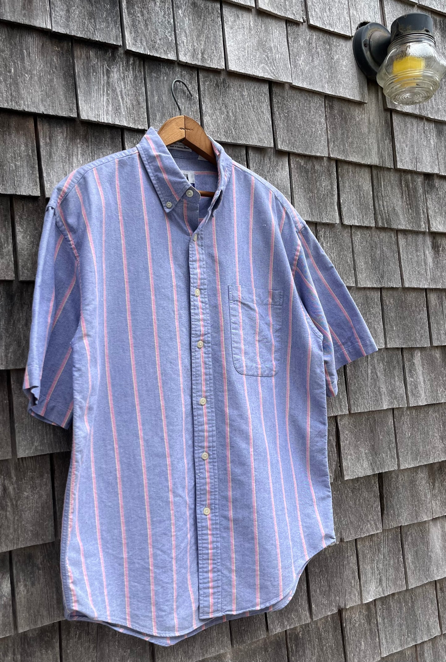 90s Denim Expressions Short Sleeve Striped Chambray Button Down Shirt (L)