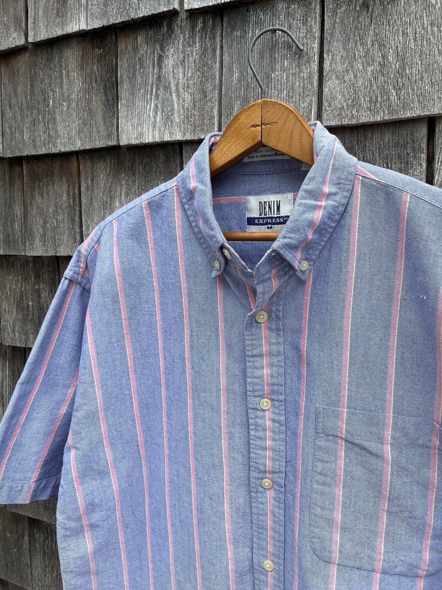 90s Denim Expressions Short Sleeve Striped Chambray Button Down Shirt (L)