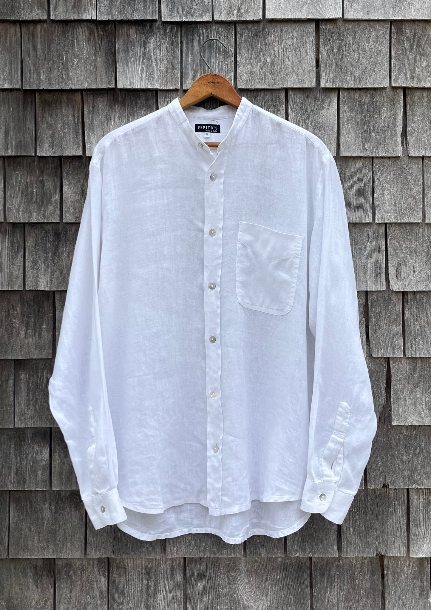 90s Pepitos Linen Band Collar Button Up Shirt (L/XL)