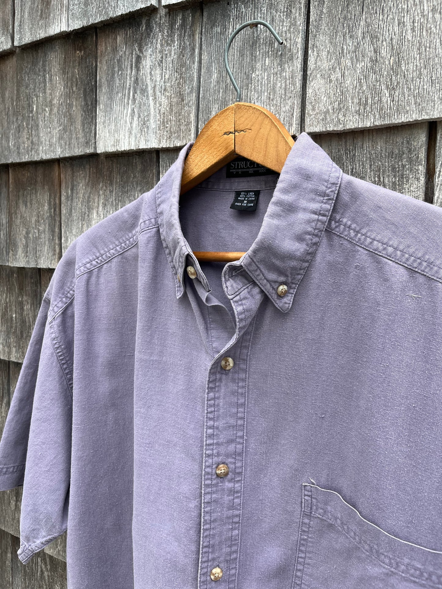 90s Structure Short Sleeve Linen Blend Button Down Shirt (L)