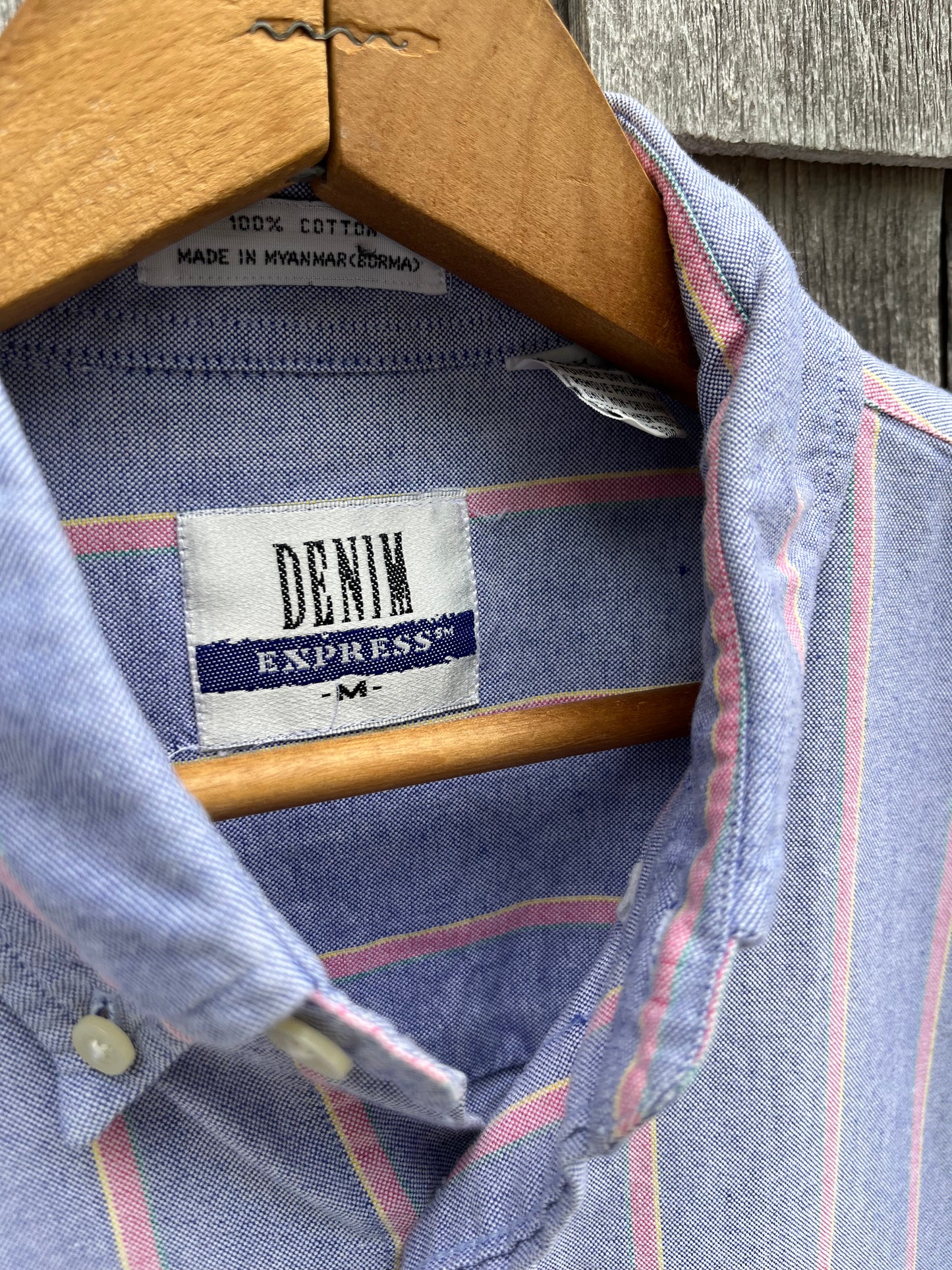 90s Denim Expressions Short Sleeve Striped Chambray Button Down Shirt (L)