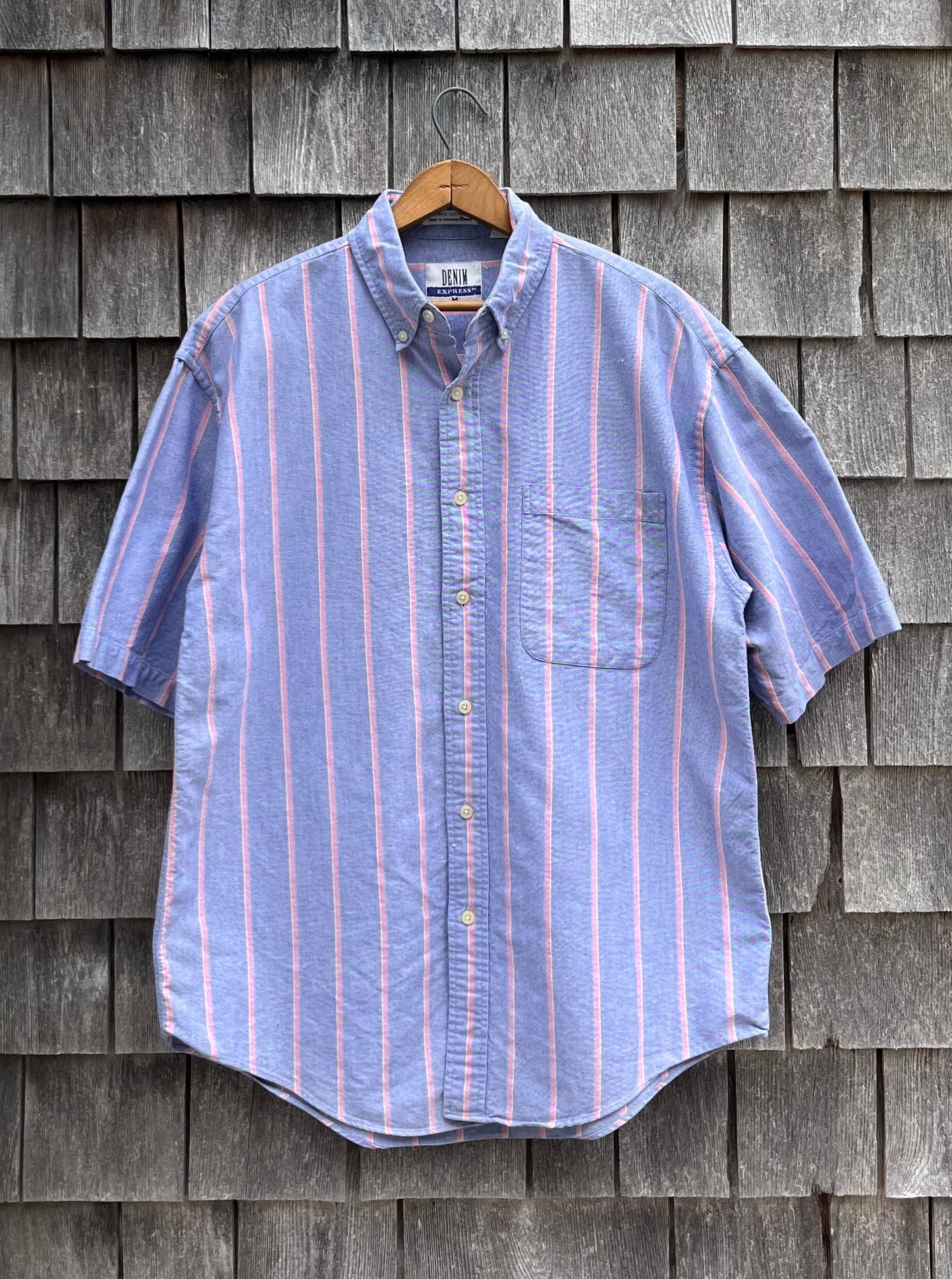 90s Denim Expressions Short Sleeve Striped Chambray Button Down Shirt (L)