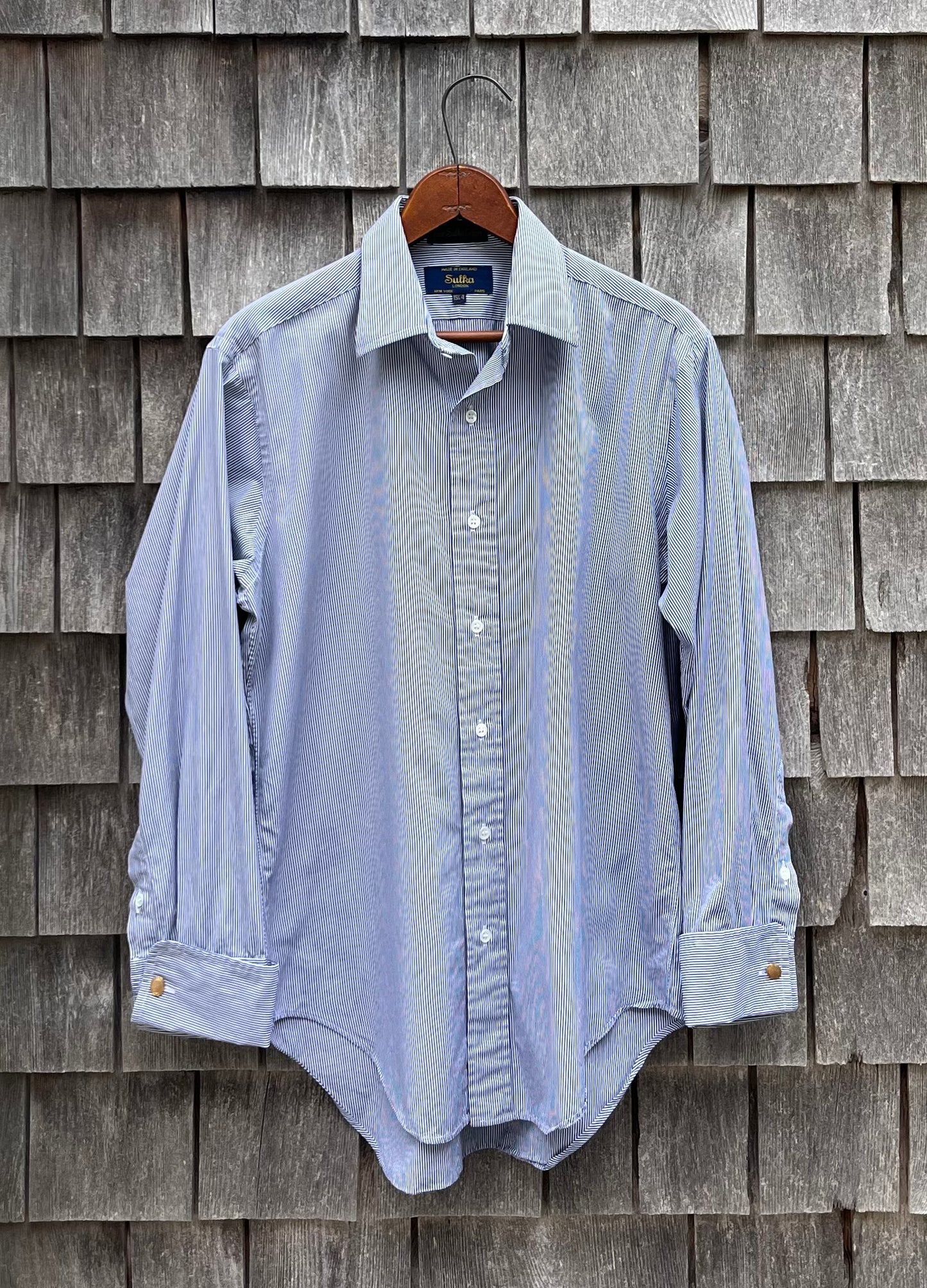 80s Sulka Stripe Broadcloth French Cuff Button Front Shirt (15.5-2)