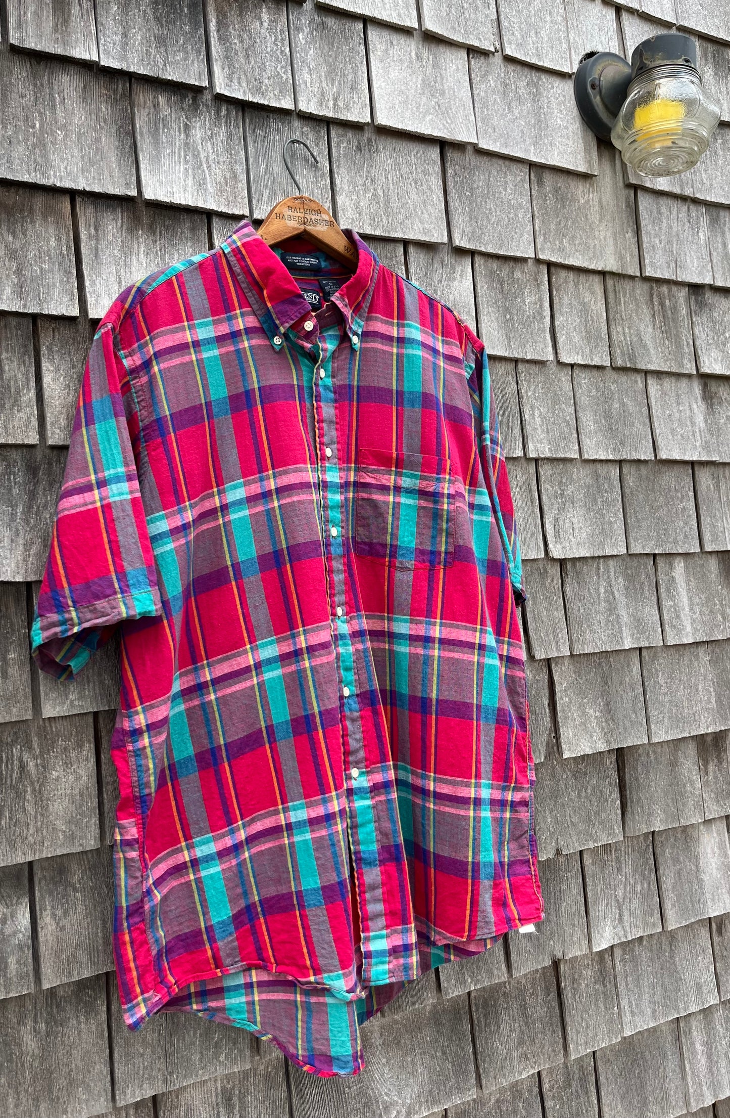 90s Lands’ End Cotton Madras Short Sleeve Button Down Plaid Shirt (XL)