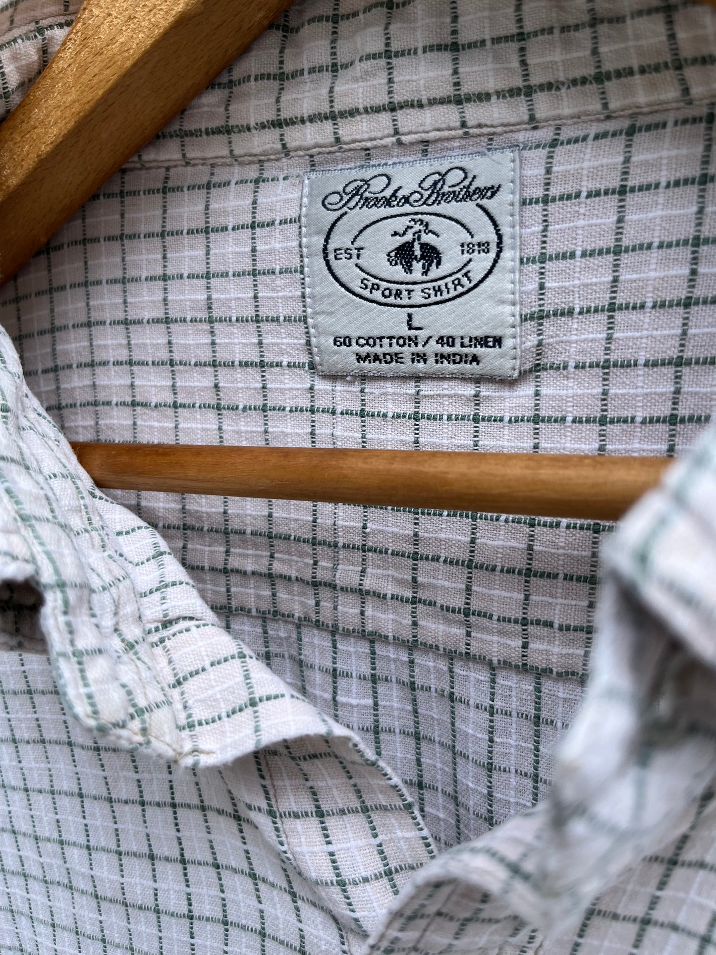 90s Brooks Brothers Linen Blend Check Pattern Sport Shirt (L/XL)