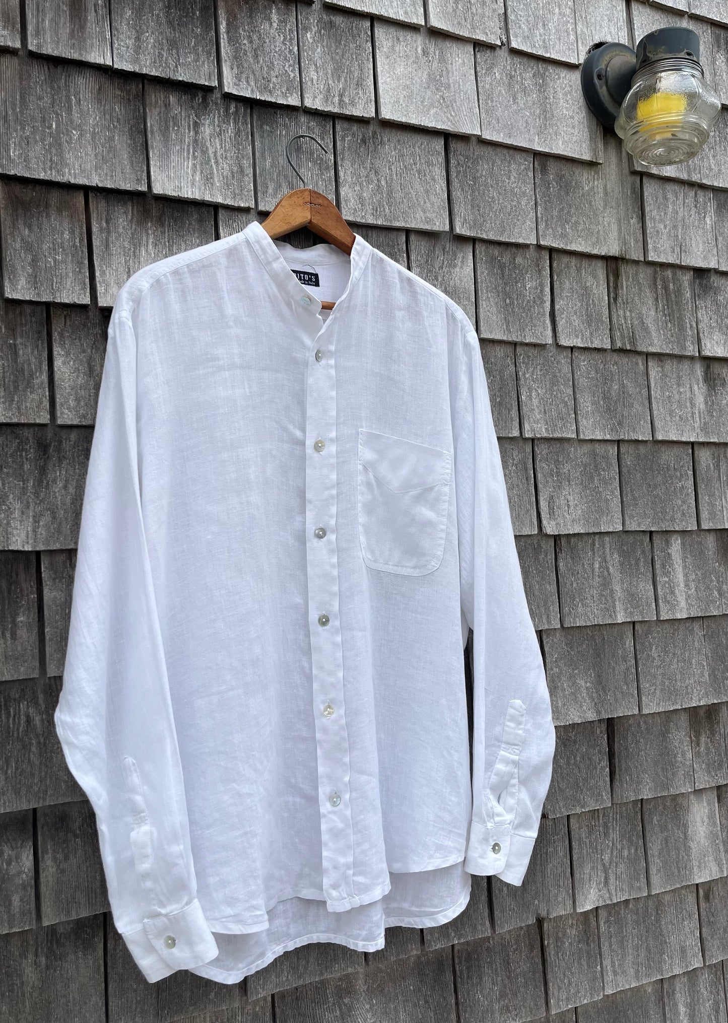 90s Pepitos Linen Band Collar Button Up Shirt (L/XL)