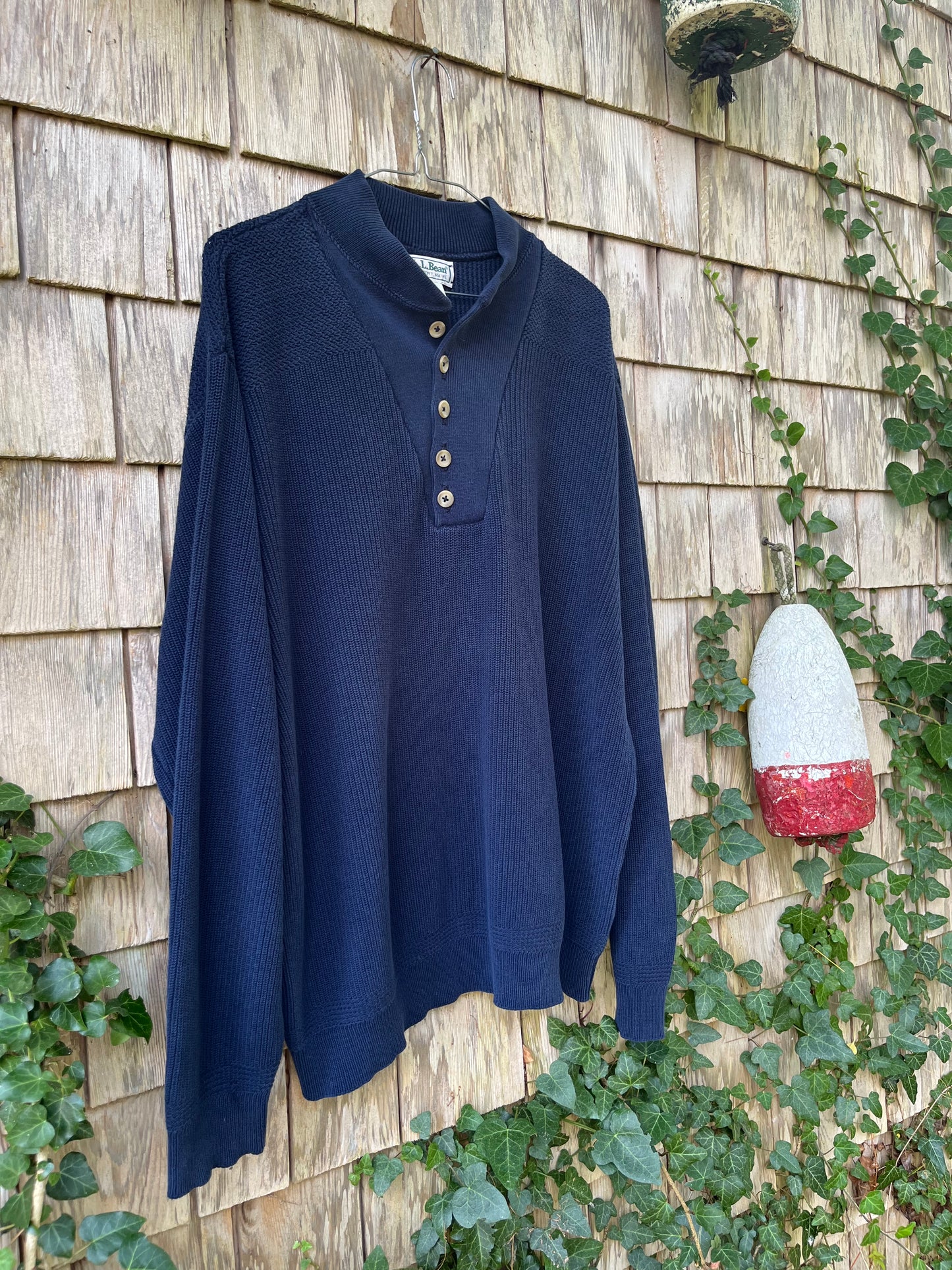 90s L.L. Bean Henley Collar Cotton Knit Sweater (XL)