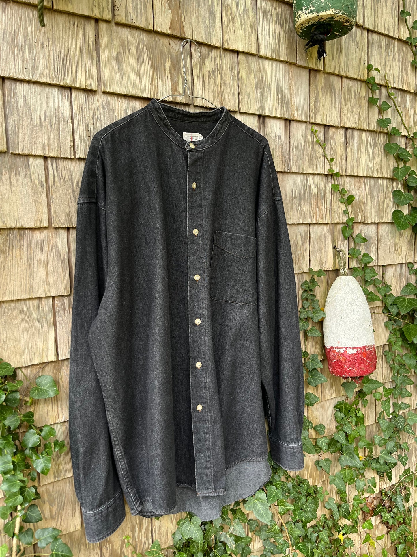 90s J. Crew Black Denim Mandarin Collar Button Front Shirt (XXL)