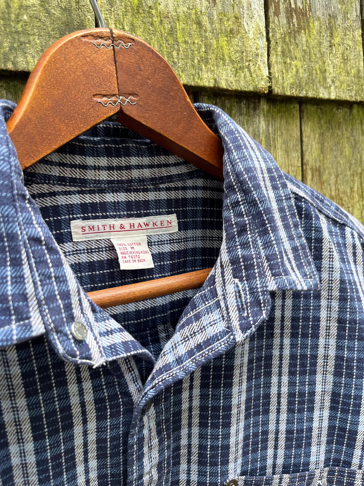 90s Smith & Hawken Heavyweight Indigo Check Cotton Twill Workshirt (L)