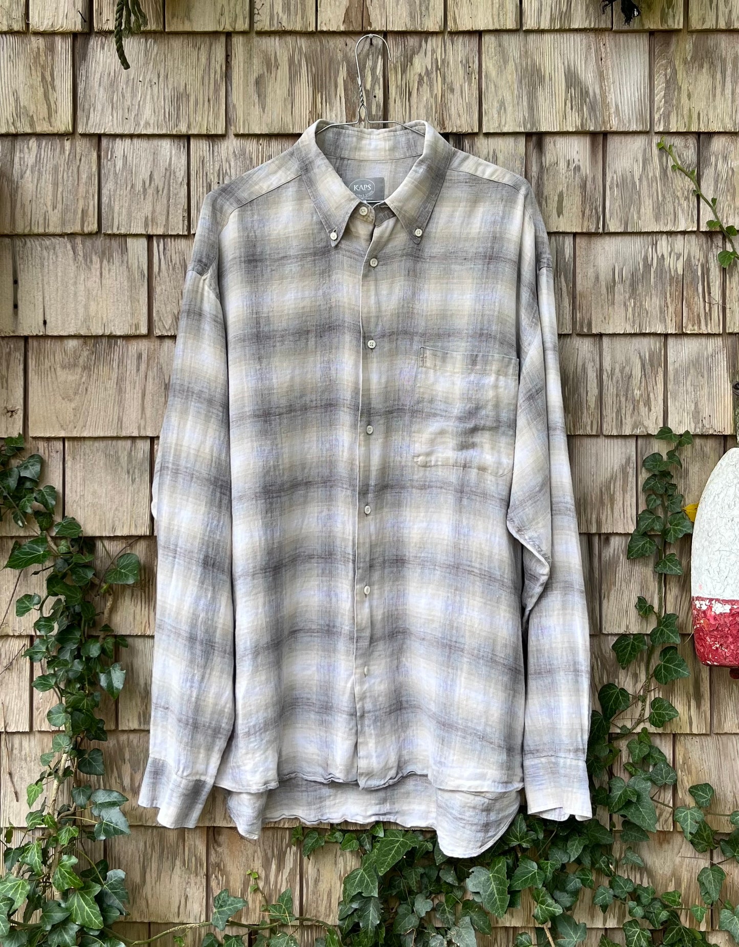90s Kaps Men’s Store Linen Ombré Check Button Down Shirt (XL)