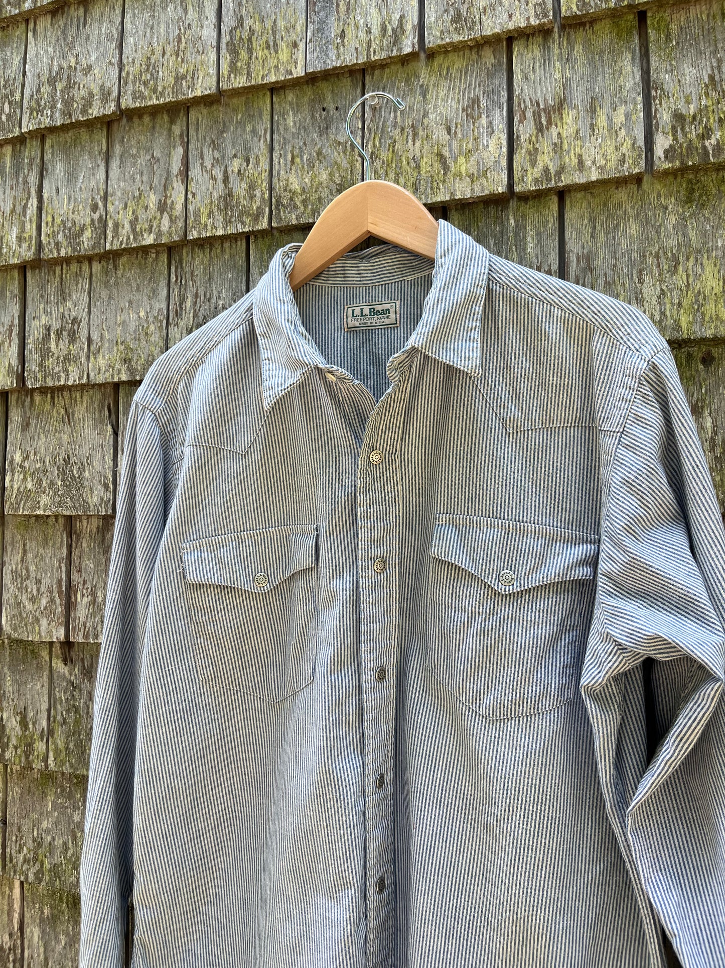 90s L.L. Bean Cotton Hickory Stripe Western Snap Front Shirt (L)