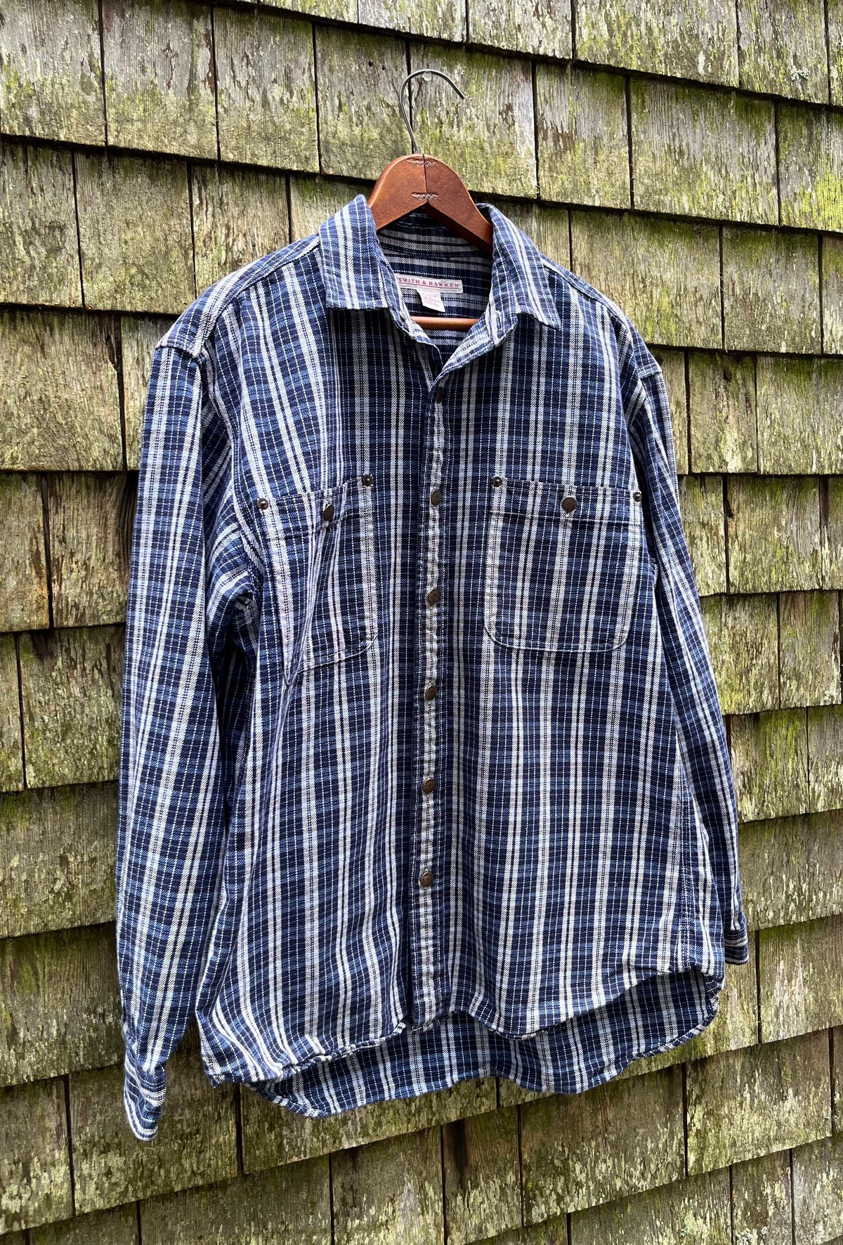 90s Smith & Hawken Heavyweight Indigo Check Cotton Twill Workshirt (L)