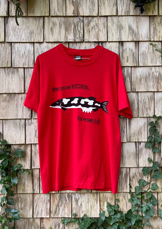 90s Wisconsin Cow Print Musky T-Shirt (M)