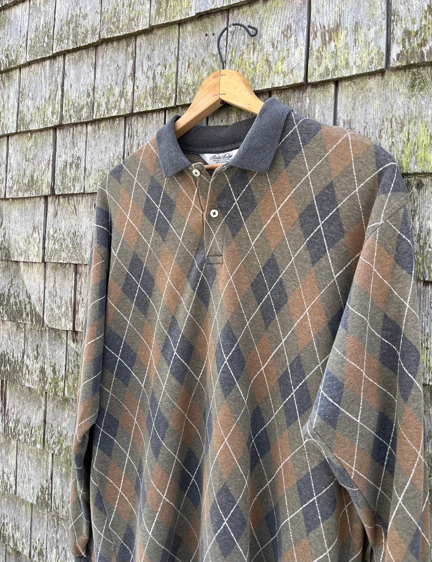 90s Brooks Brothers Golden Fleece Argyle Check Cotton Long Sleeve Polo Shirt (L/XL)