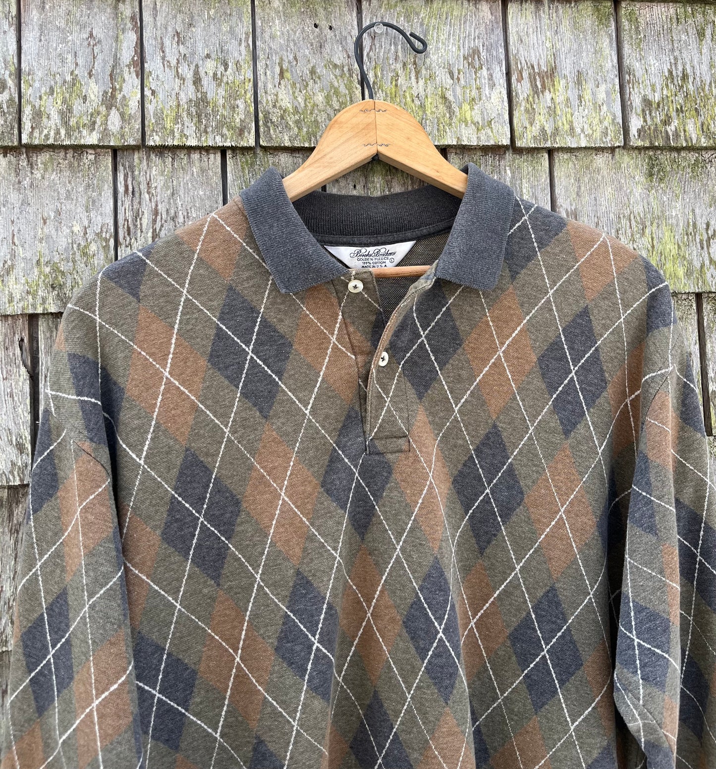 90s Brooks Brothers Golden Fleece Argyle Check Cotton Long Sleeve Polo Shirt (L/XL)