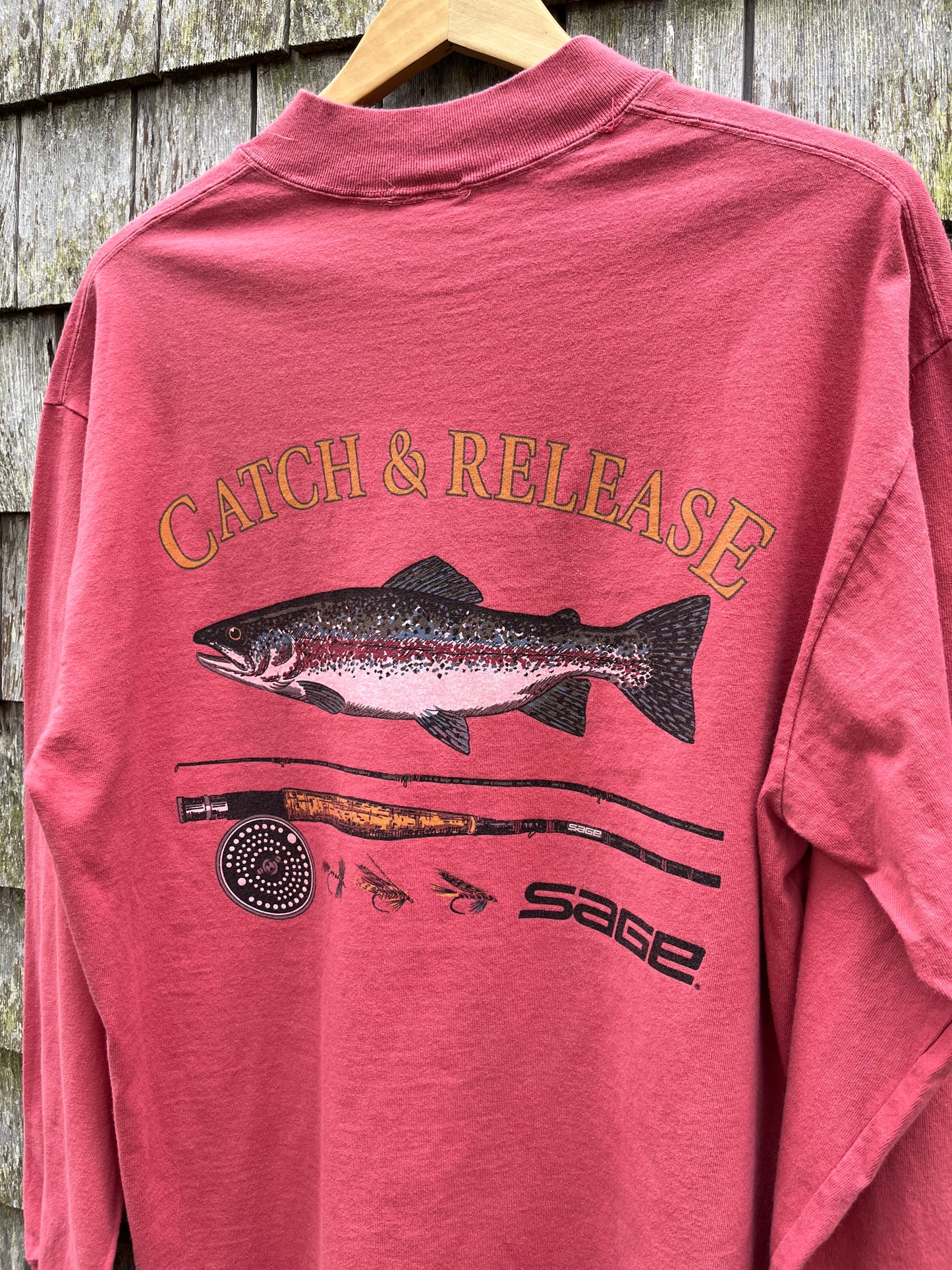 90s Sage Fly Fishing Rods Catch & Release Mock Neck Long Sleeve Shirt (L/XL)