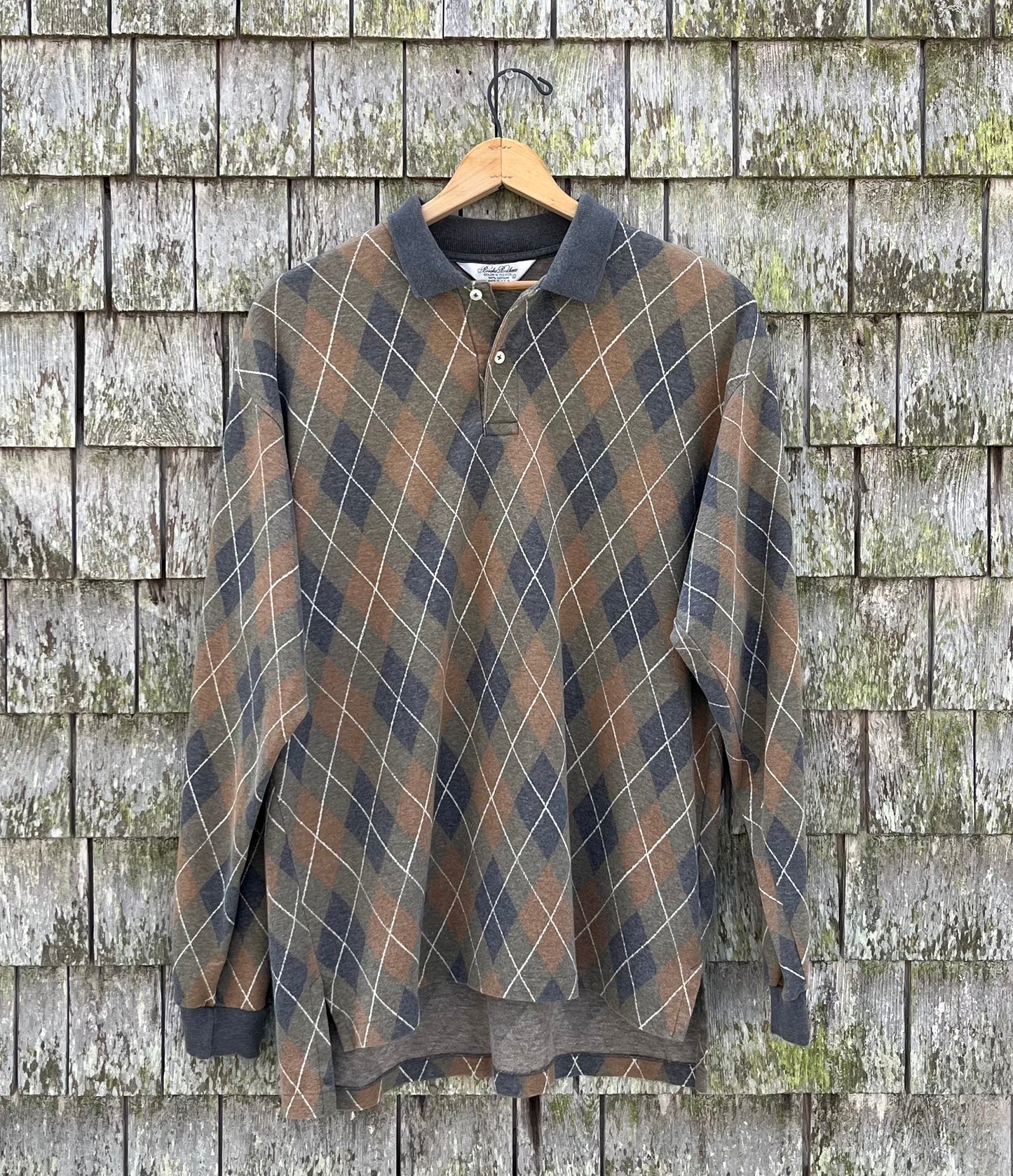 90s Brooks Brothers Golden Fleece Argyle Check Cotton Long Sleeve Polo Shirt (L/XL)