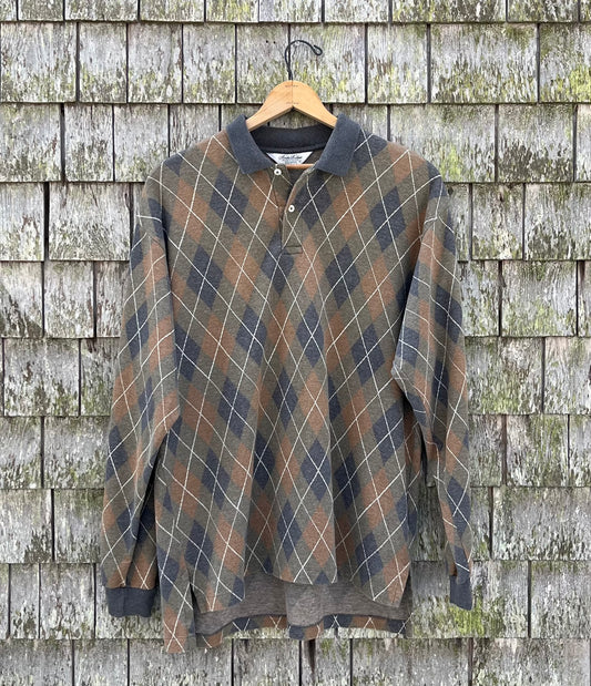 90s Brooks Brothers Golden Fleece Argyle Check Cotton Long Sleeve Polo Shirt (L/XL)