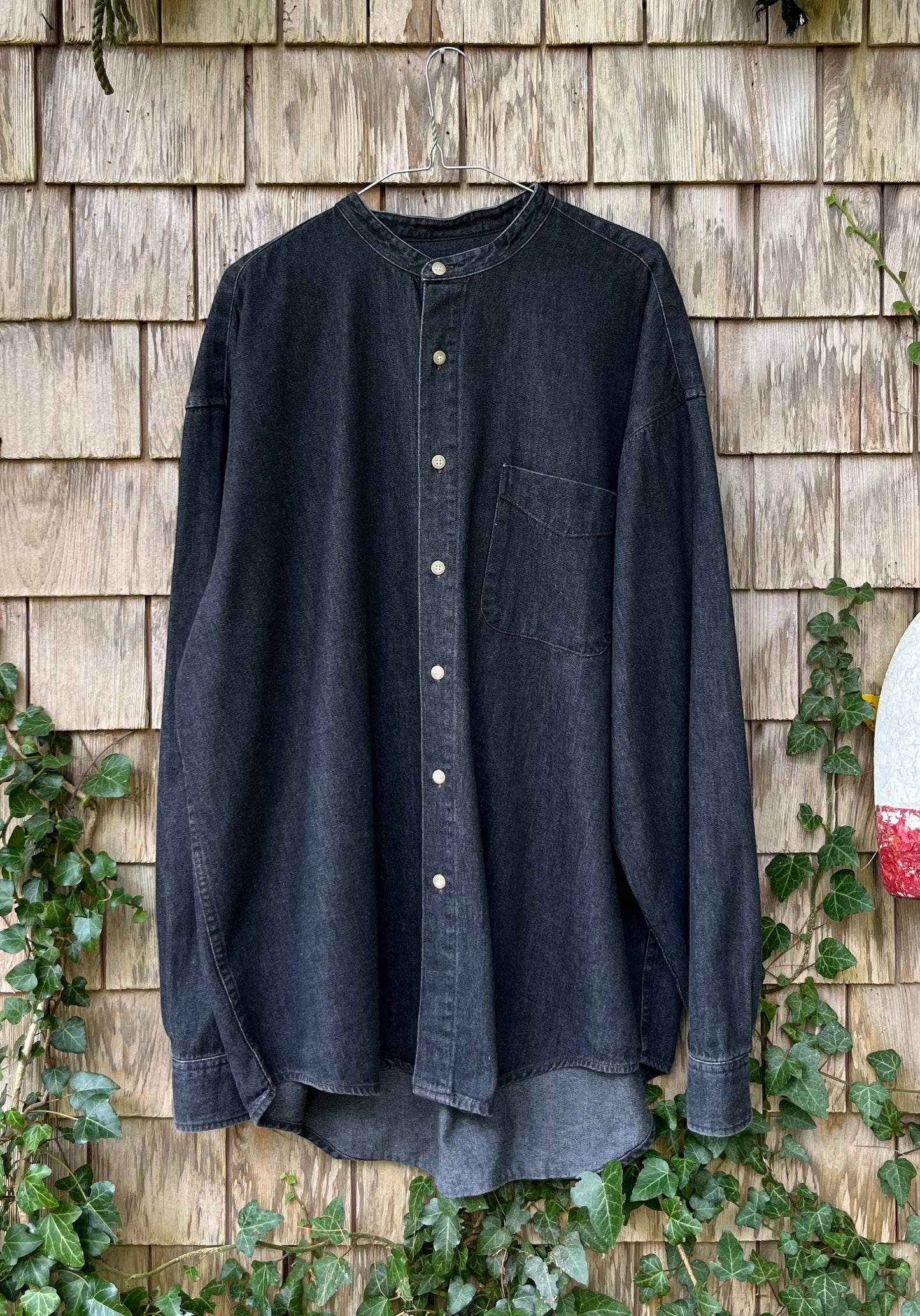 90s J. Crew Black Denim Mandarin Collar Button Front Shirt (XXL)