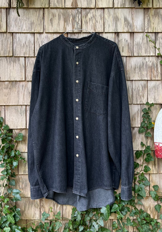 90s J. Crew Black Denim Mandarin Collar Button Front Shirt (XXL)