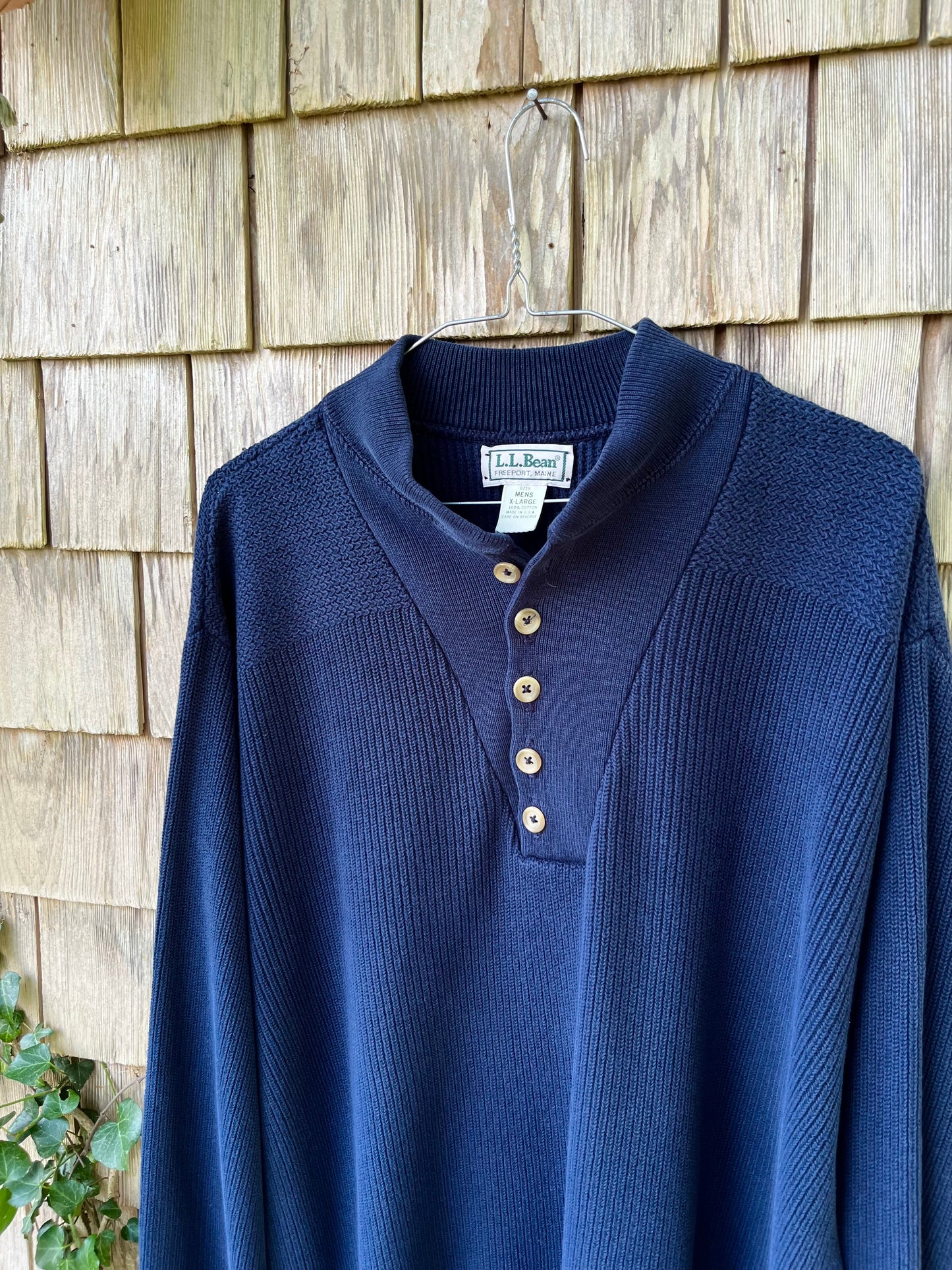90s L.L. Bean Henley Collar Cotton Knit Sweater (XL)