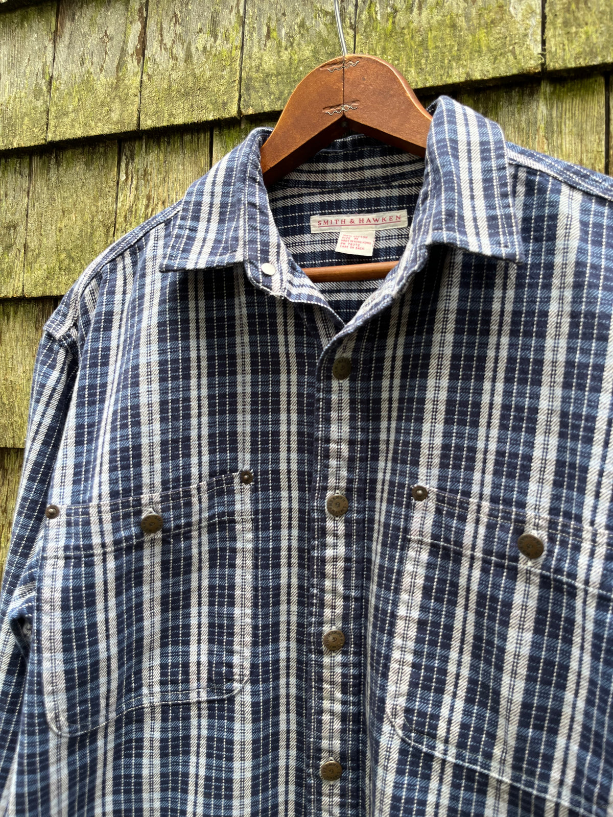 90s Smith & Hawken Heavyweight Indigo Check Cotton Twill Workshirt (L)