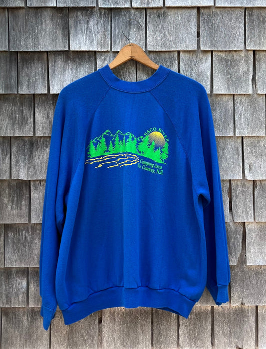 80s Saco River Camping Area New Hampshire Raglan Sleeve Crewneck Sweatshirt (XL)
