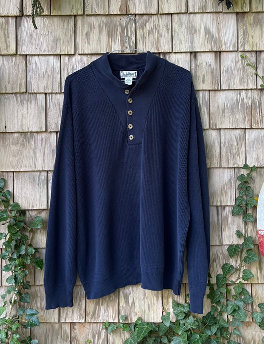 90s L.L. Bean Henley Collar Cotton Knit Sweater (XL)