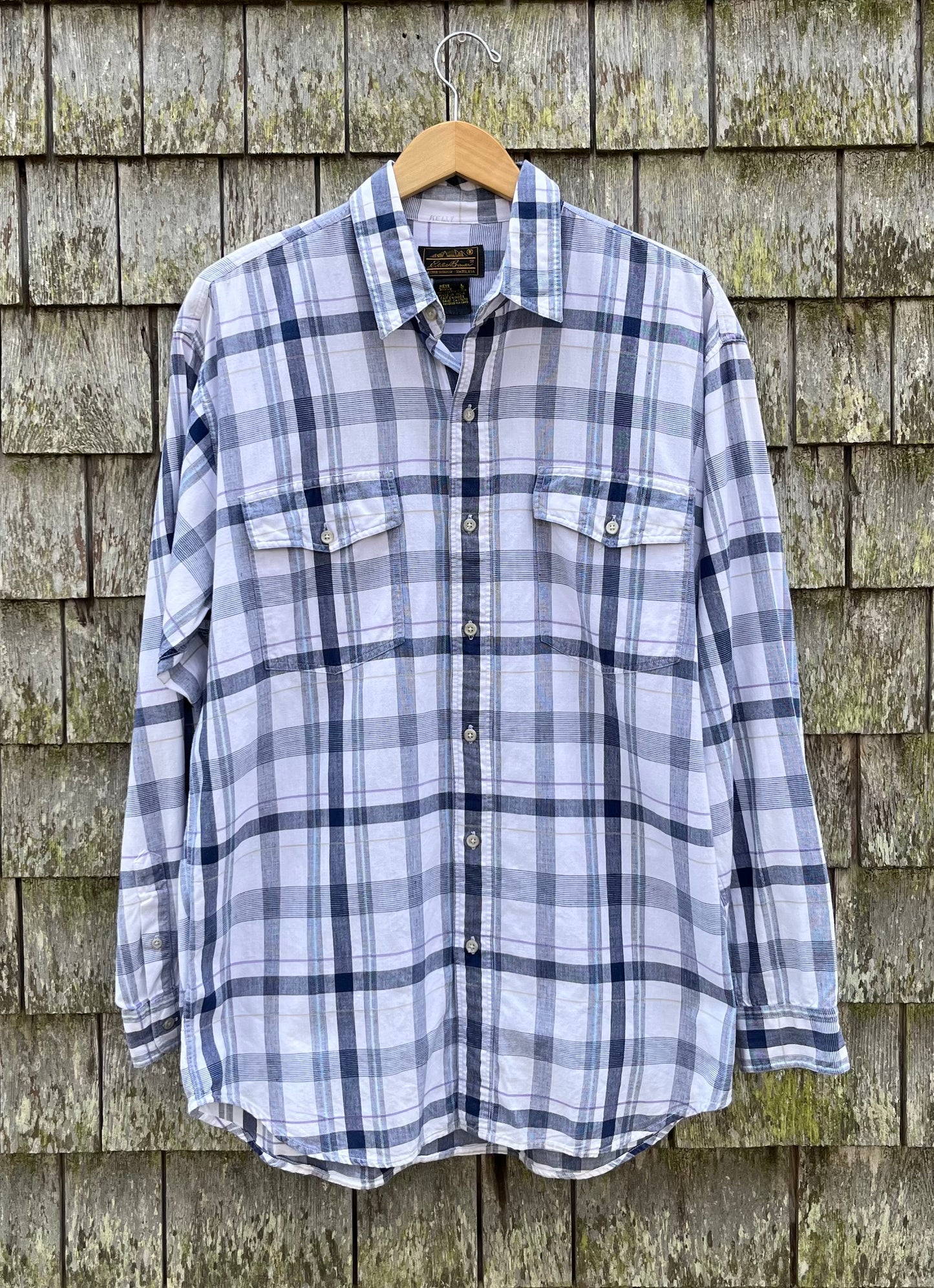 90s Eddie Bauer Cotton Madras Button Front Shirt (L/XL)