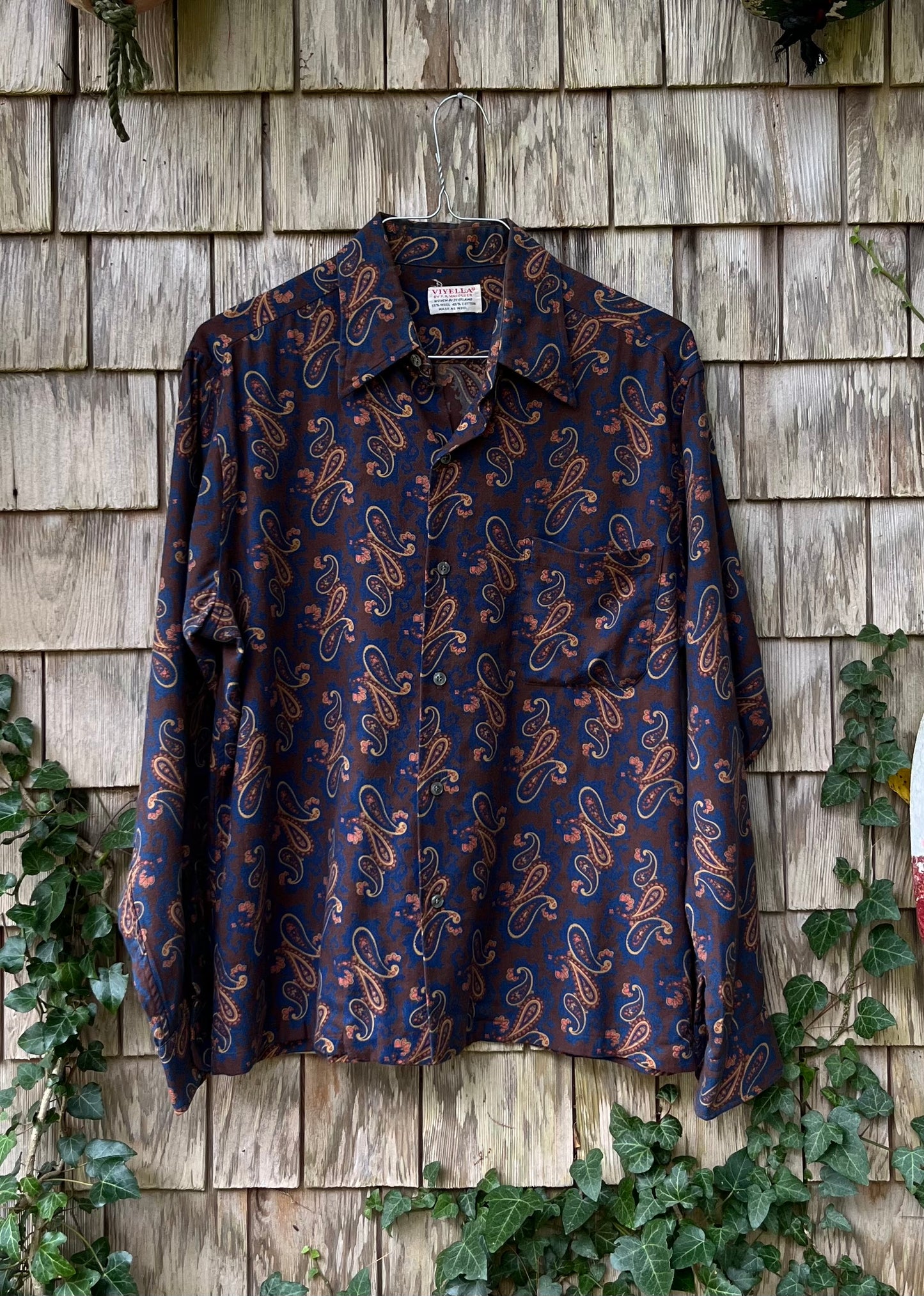 70s F.A. MacCluer Paisley Viyella Wool Blend Button Front Shirt (XL)