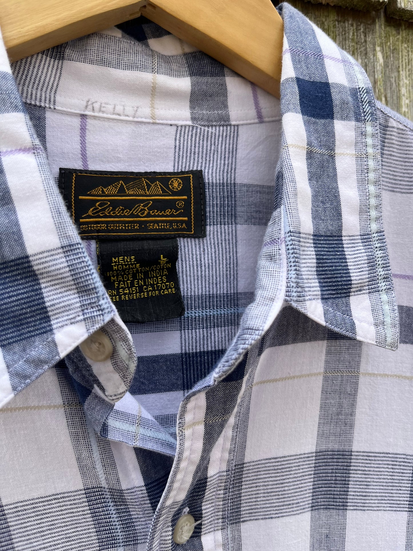 90s Eddie Bauer Cotton Madras Button Front Shirt (L/XL)