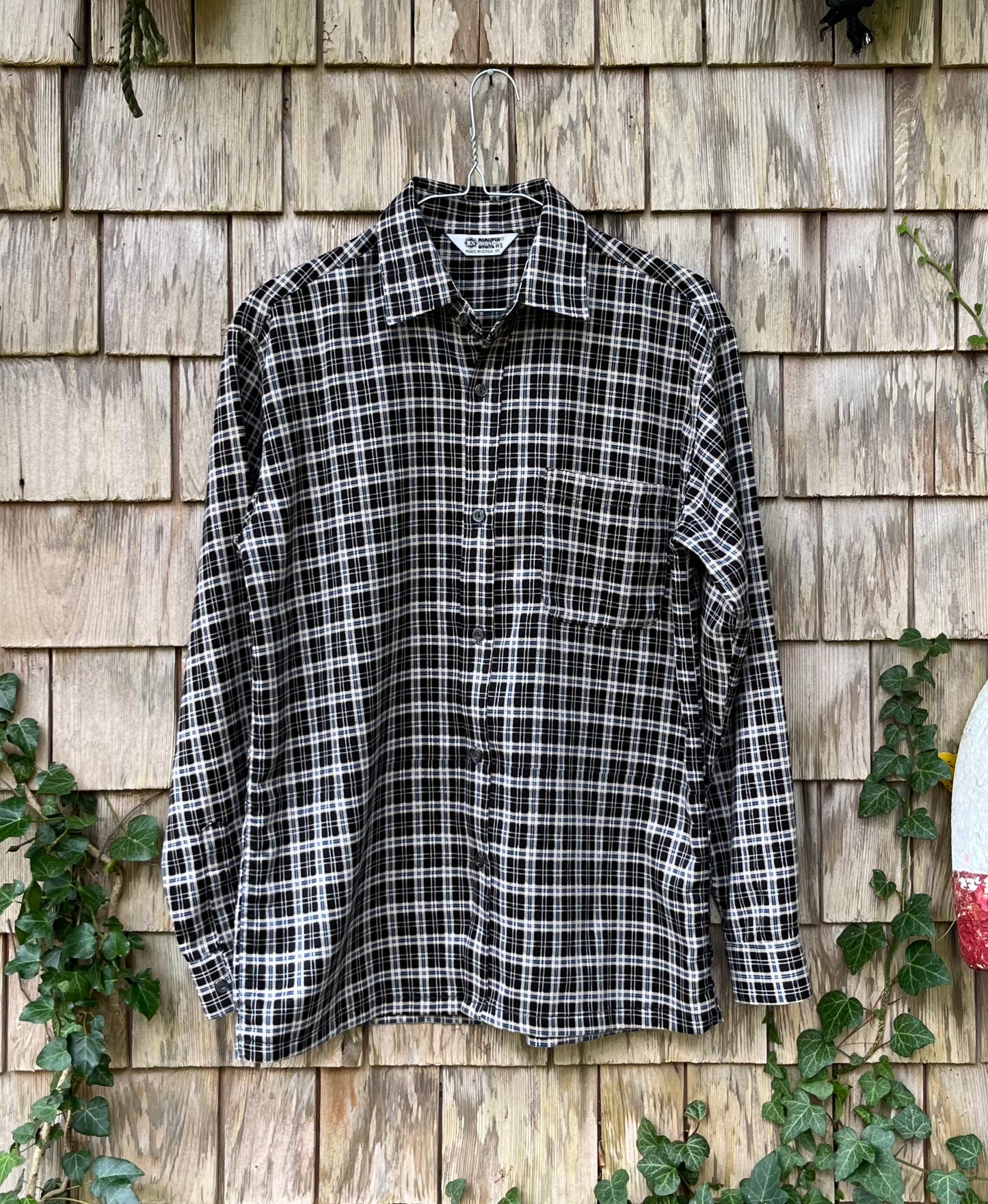 80s Big News Print Flannel Button Front Shirt (M)