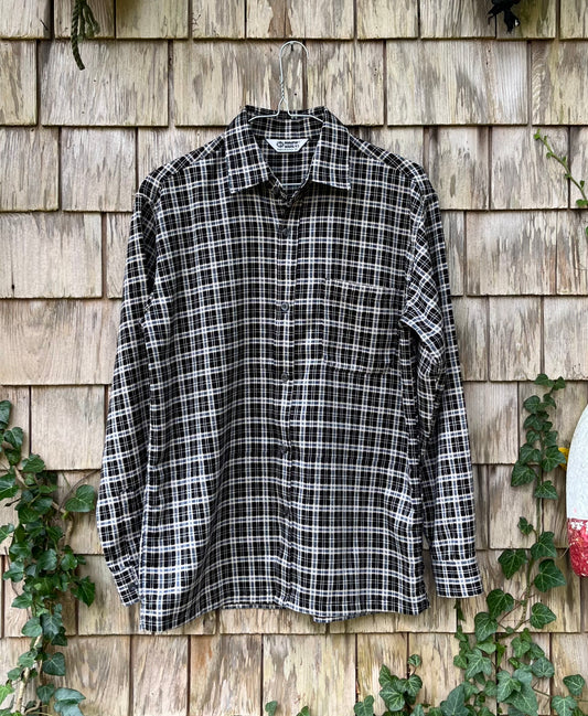 80s Big News Print Flannel Button Front Shirt (M)