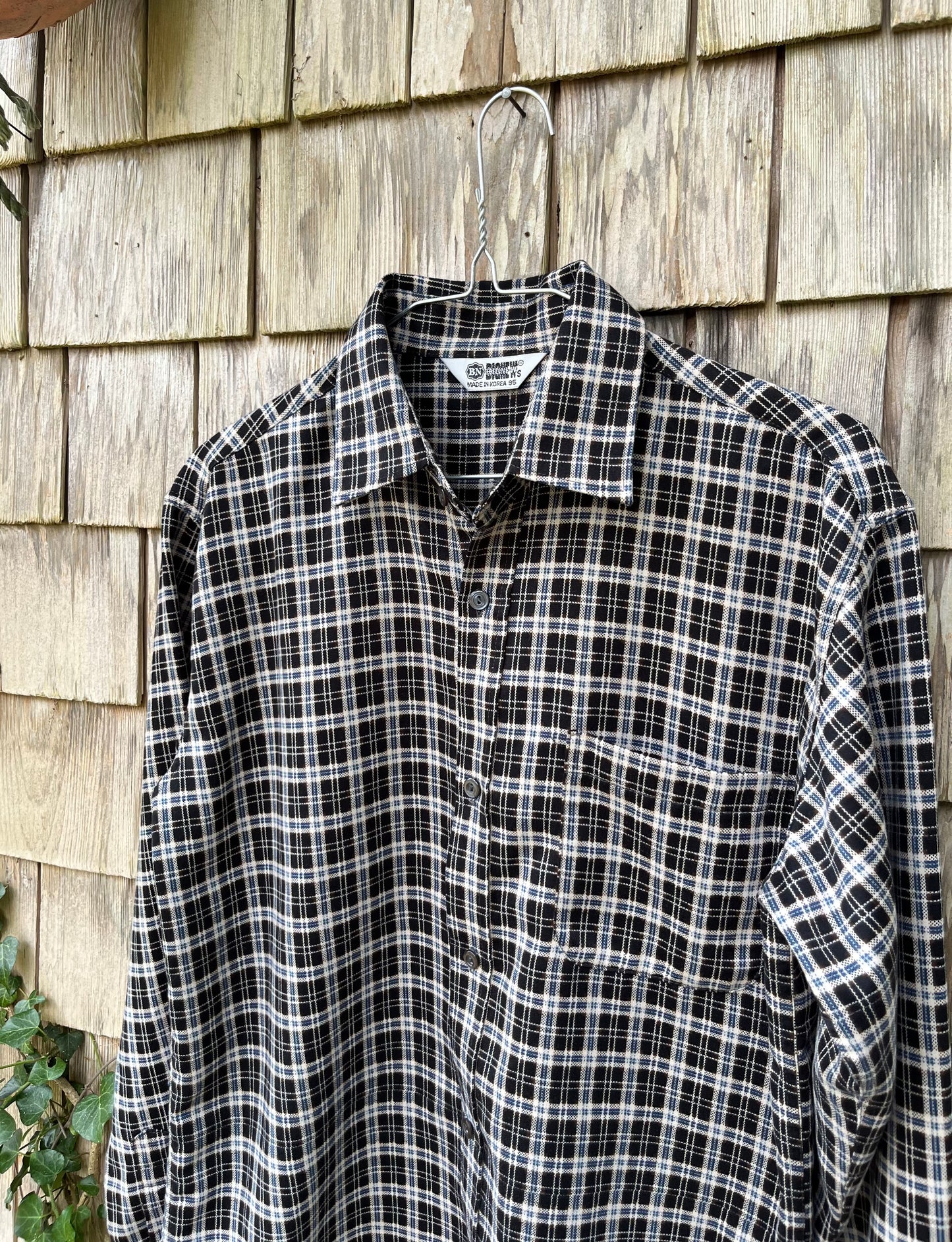 80s Big News Print Flannel Button Front Shirt (M)