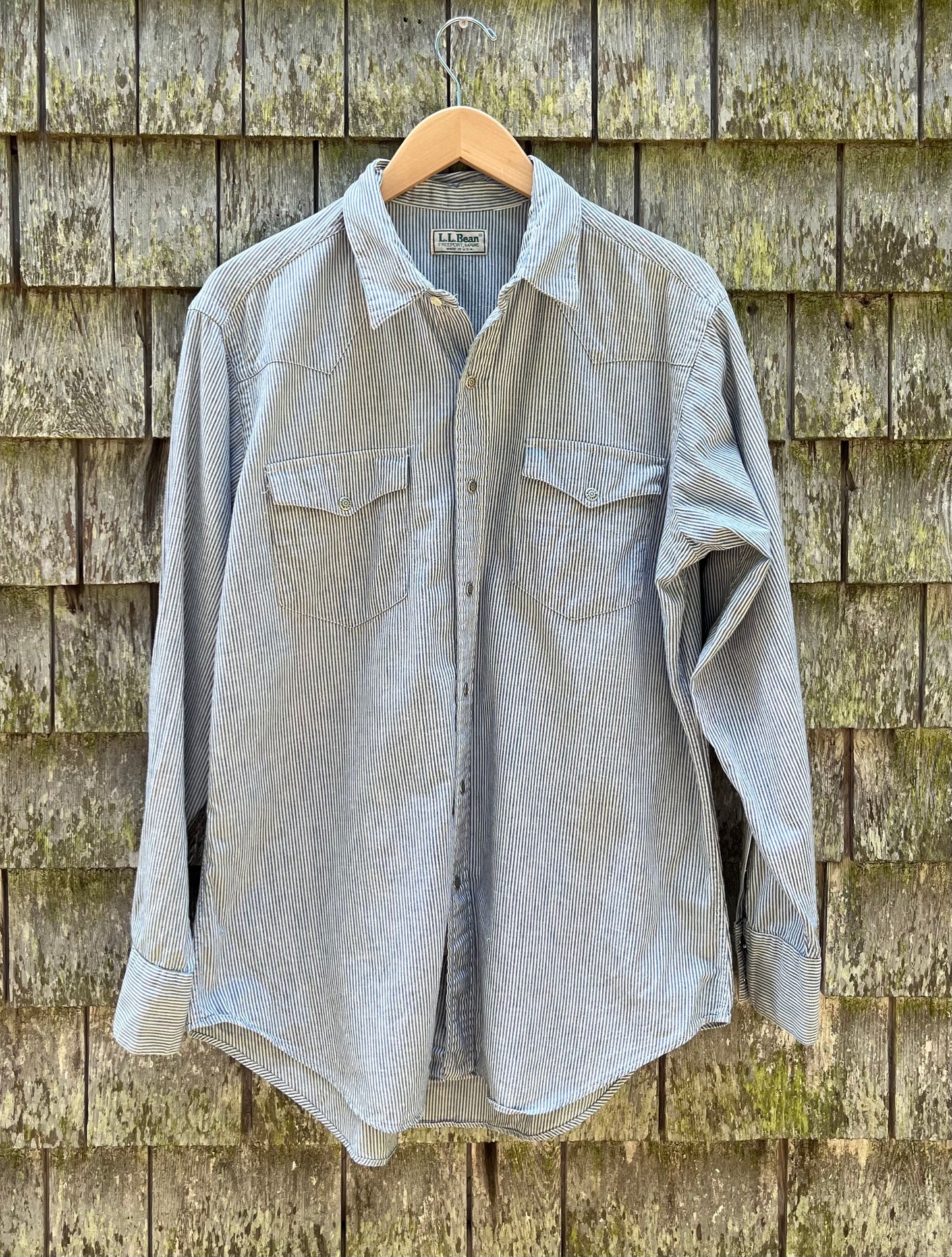 90s L.L. Bean Cotton Hickory Stripe Western Snap Front Shirt (L)