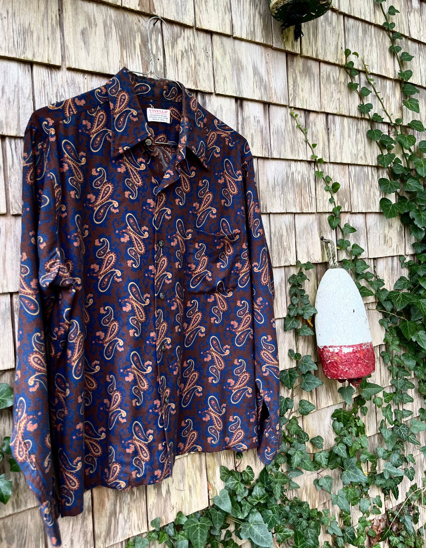 70s F.A. MacCluer Paisley Viyella Wool Blend Button Front Shirt (XL)