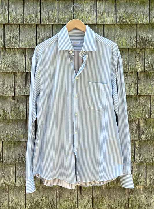 00s Brioni Cotton Textured Stripe Button Front Shirt (XL)