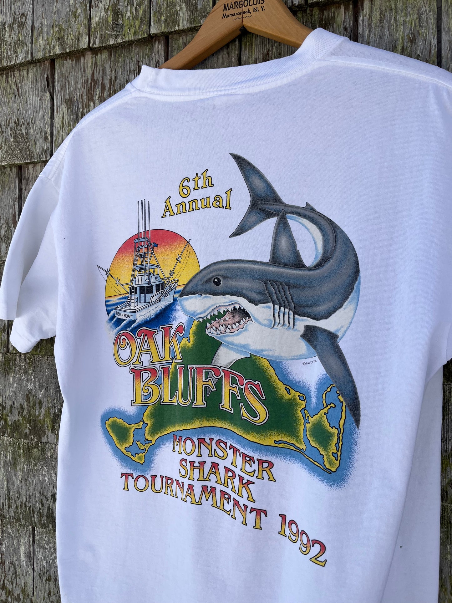 90s Oak Bluffs Monster Shark Tournament Martha’s Vineyard Pocket T-Shirt (L)