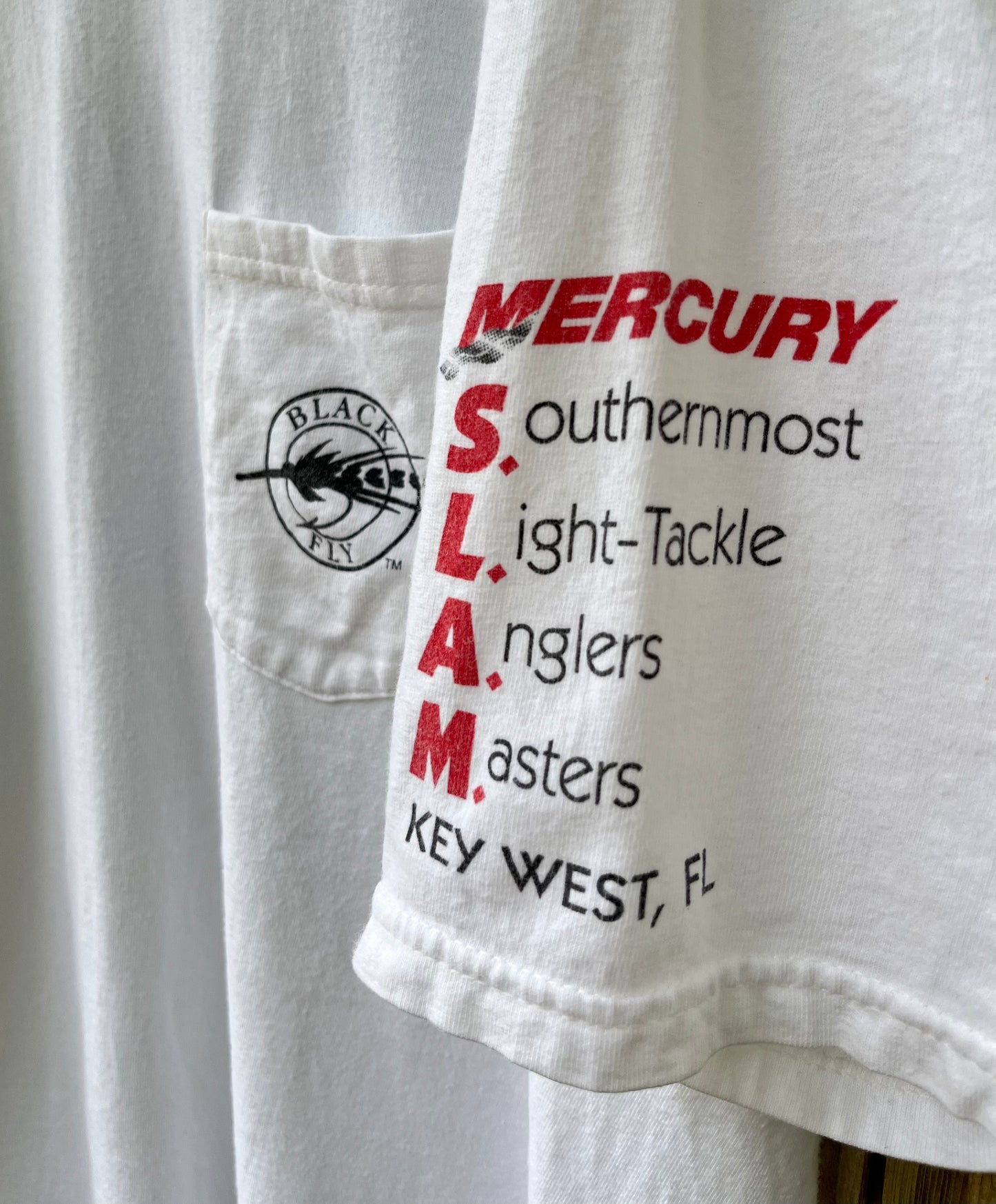 90s Black Fly Southernmost Light Tackle Anglers Masters Tournament Key West FL Pocket T-Shirt (XL)