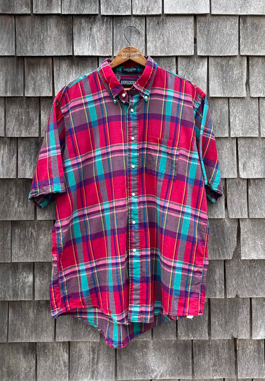 90s Lands’ End Cotton Madras Short Sleeve Button Down Plaid Shirt (XL)