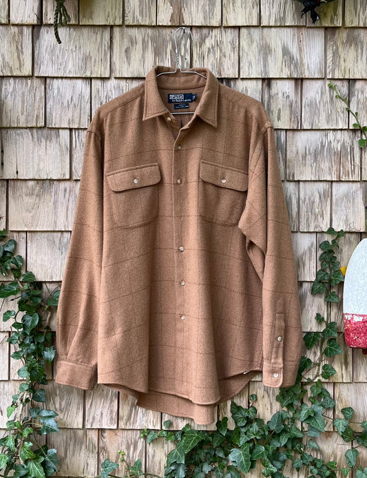 90s Polo Ralph Lauren ‘Pratt’ Camel Hair Wool Button Front Shirt (XL)