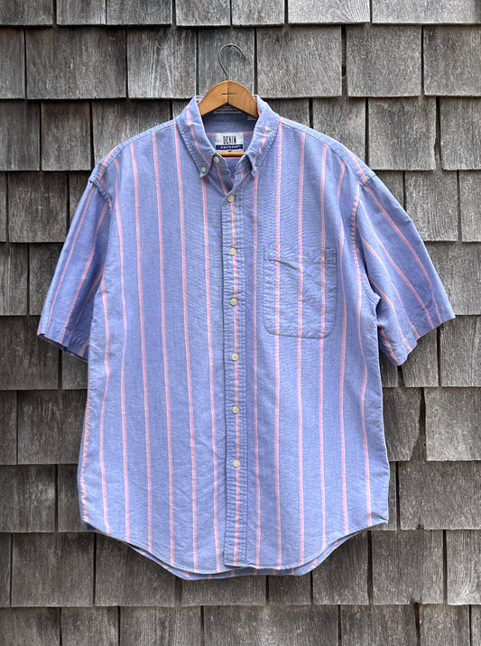 90s Denim Expressions Short Sleeve Striped Chambray Button Down Shirt (L)