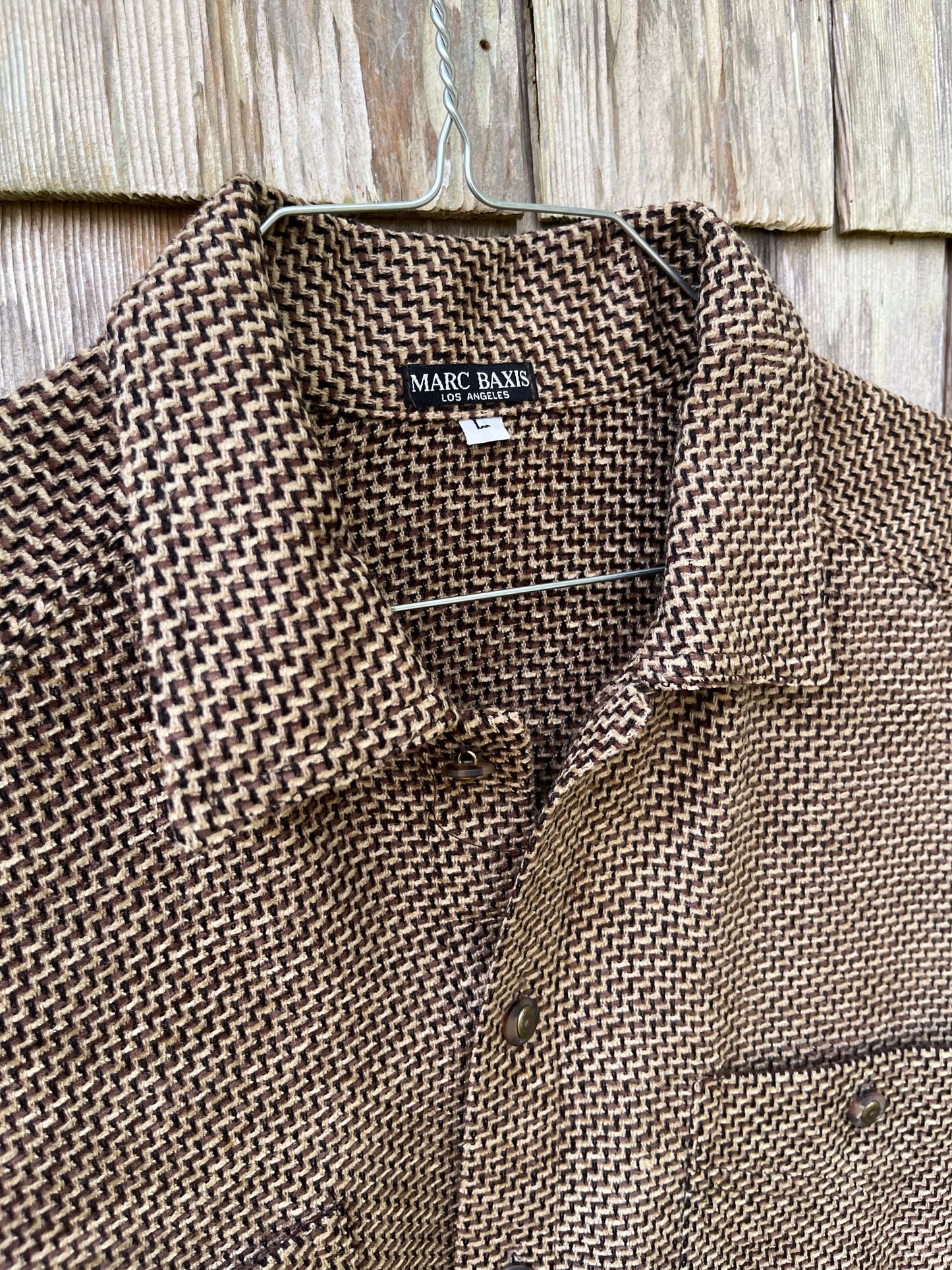 80s Marc Baxis Los Angeles Heavyweight Herringbone Wool Blend Button Front Shirt (XL)