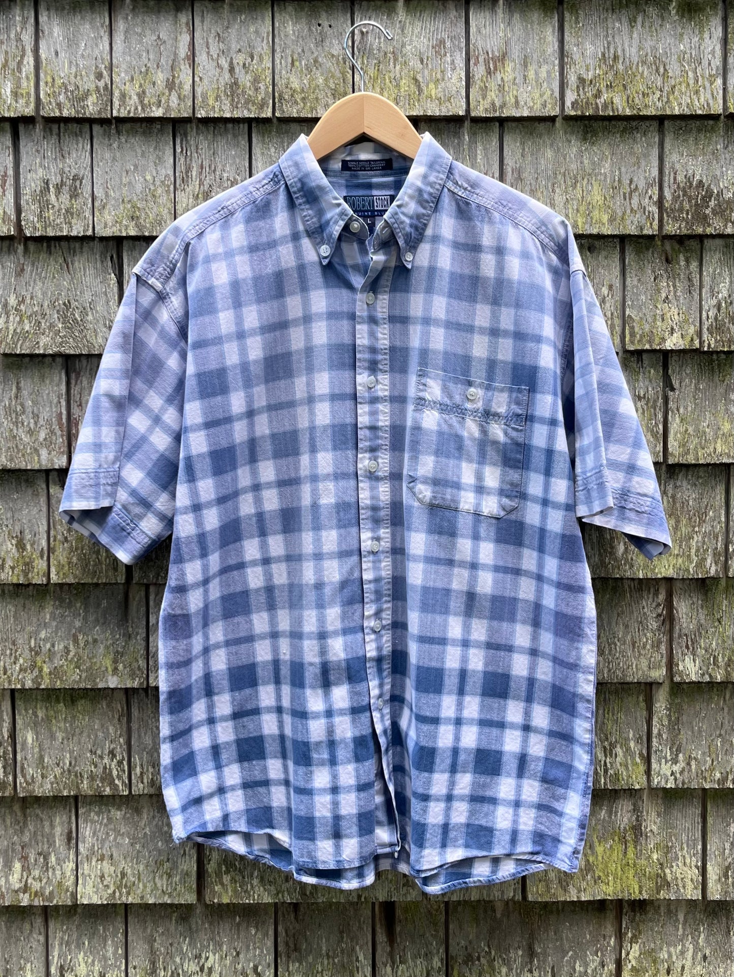 90s Robert Stock Faded Cotton Chambray Check Button Down Shirt (XL)