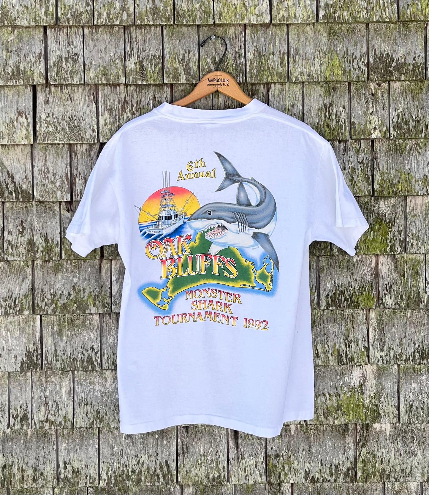 90s Oak Bluffs Monster Shark Tournament Martha’s Vineyard Pocket T-Shirt (L)