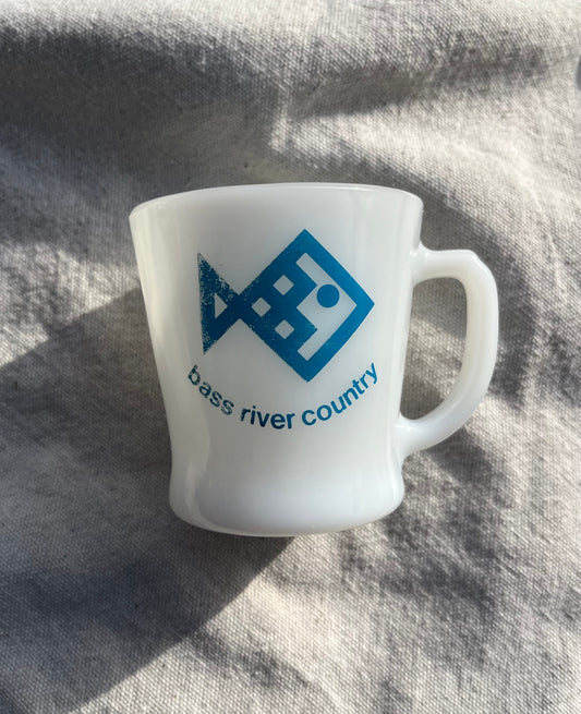 70s Bass River Savings Bank Anchor Hocking Fire King Milkglass Coffee Mug