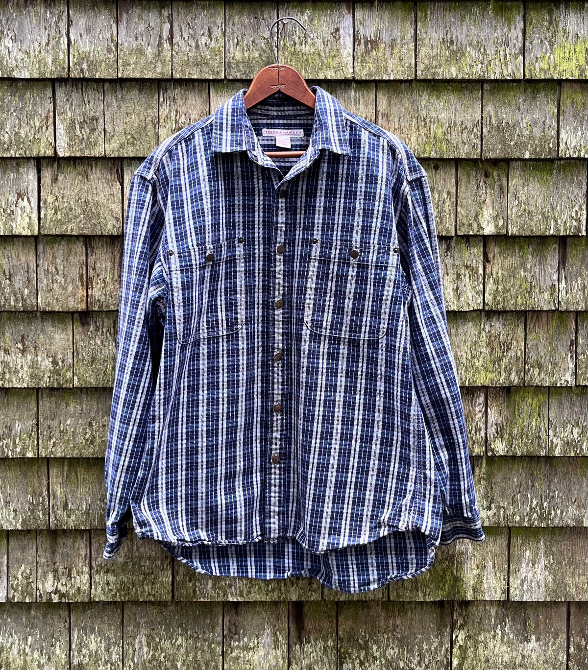 90s Smith & Hawken Heavyweight Indigo Check Cotton Twill Workshirt (L)