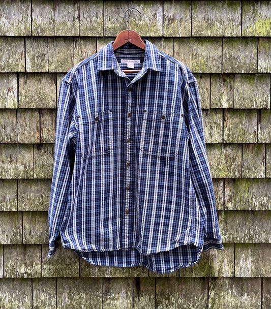 90s Smith & Hawken Heavyweight Indigo Check Cotton Twill Workshirt (L)